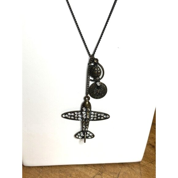 Vintage-Inspired Airplane Pendant Necklace With Globe & Compass Charms Rhineston - Picture 2 of 7
